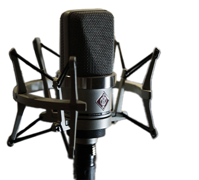 A professional microphone, in a shock-proof mount is in focus, with a blurred studio in the background.